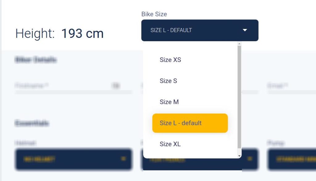 Screenshot of how to select the bike rental size