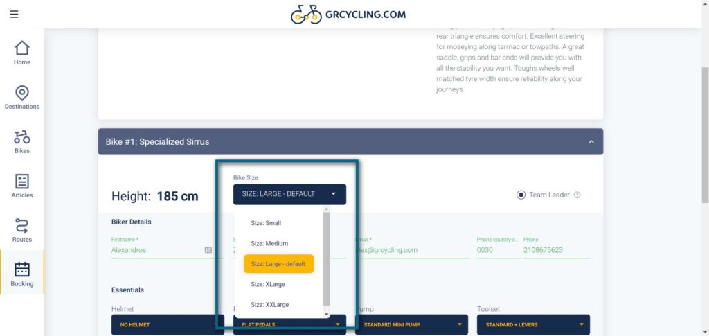 Rent a bike in Greece application: Override the frame size