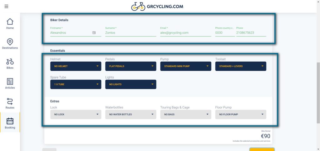 Rent a bike in Greece application: Submit your contact details and add extras