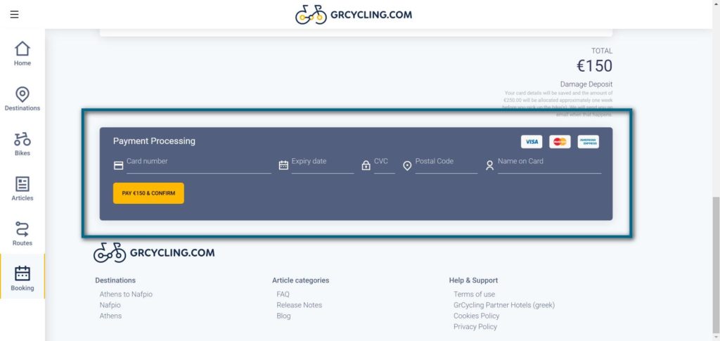 Rent a bike in Greece application: complete your payment