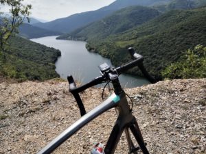 A road bike with the view Velventos river, cycling distance from Olympus