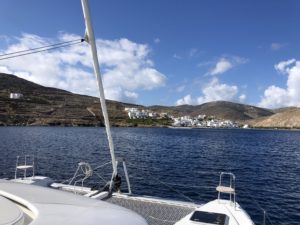 Sailing in Greece of a Catamaran and the view or approaching a small port