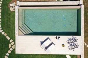 Aerial image of the pool and the road bike at the Porto Heli cycling villa