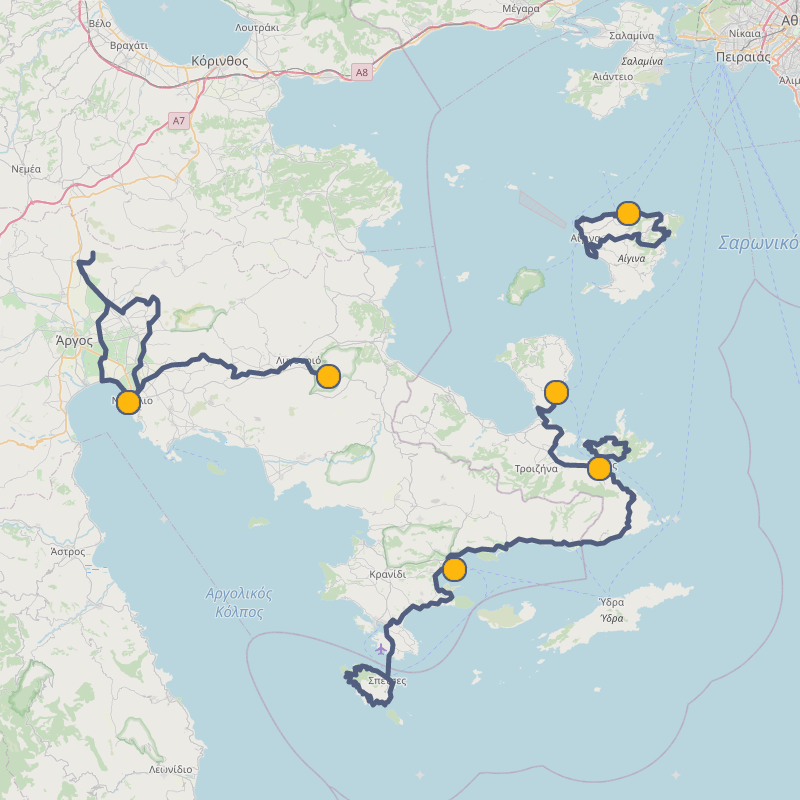 Cycling overview of the trip in Mycenae and the islands