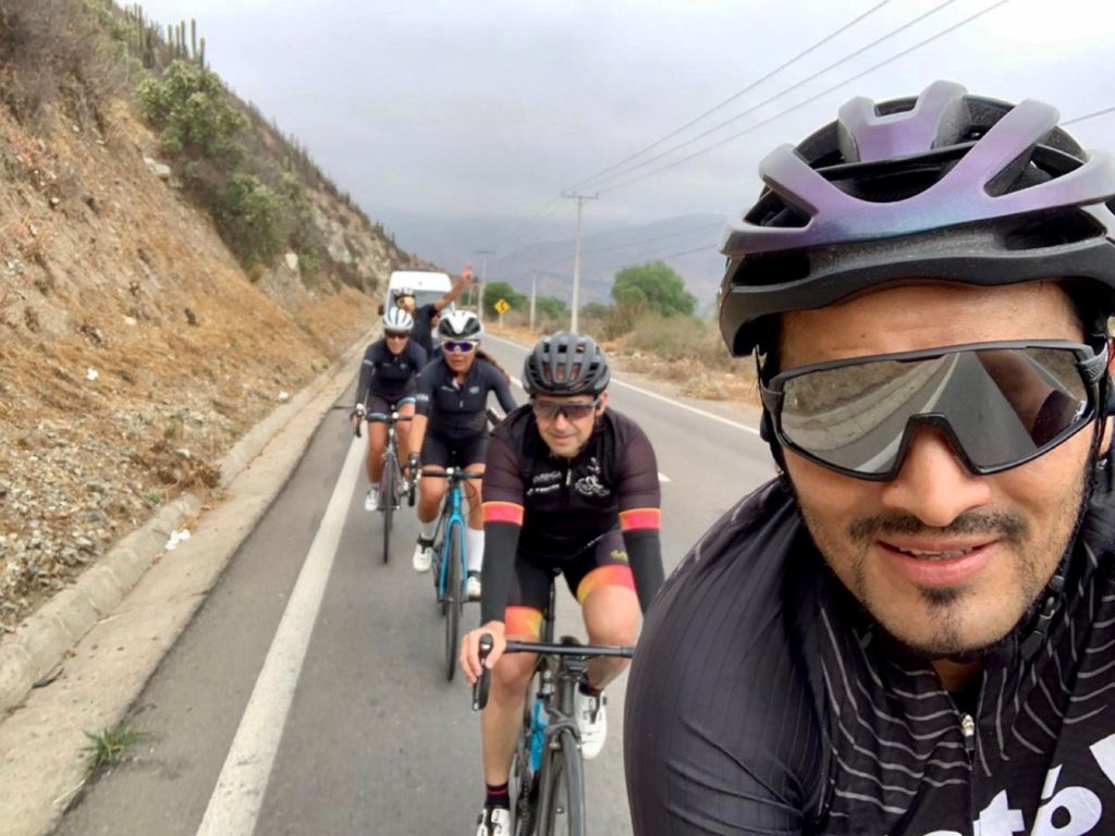 Group of road cyclists during their cycling from Los Antes to Portillo